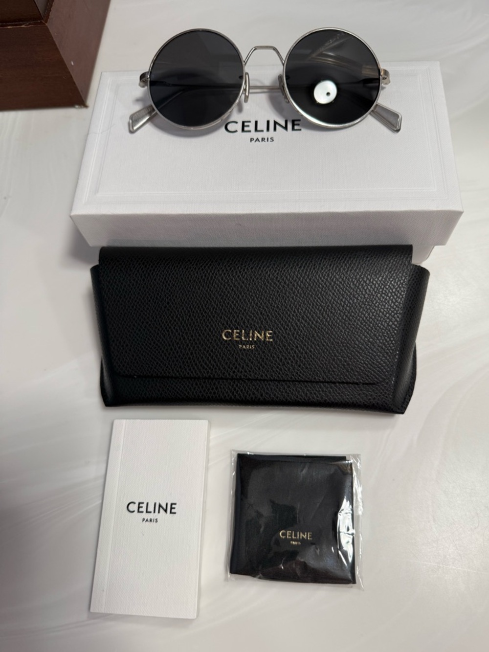 NWOT CELINE Silver Round Sunglasses with Black Lenses